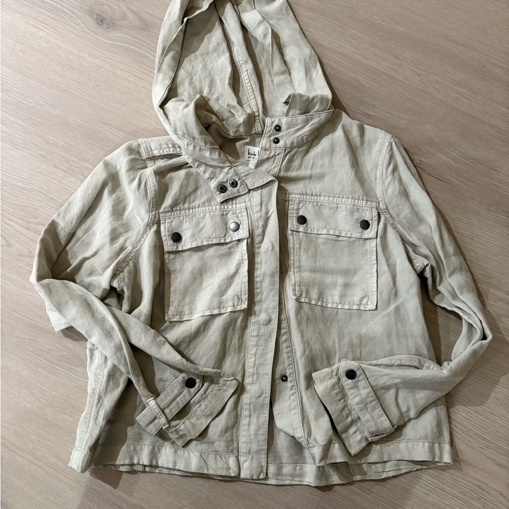 Nicole Miller Beige Hooded Linen Blend  Jacket